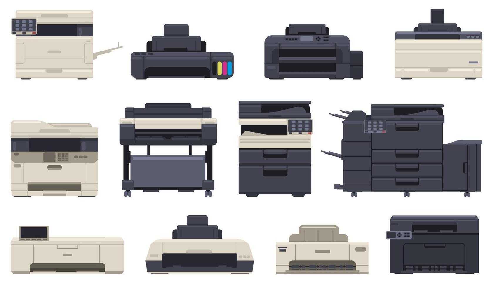 Office professional equipment printer scanner copier machines. Technology office devices, inkjet printer, copier illustration set. Digital printing machine vector