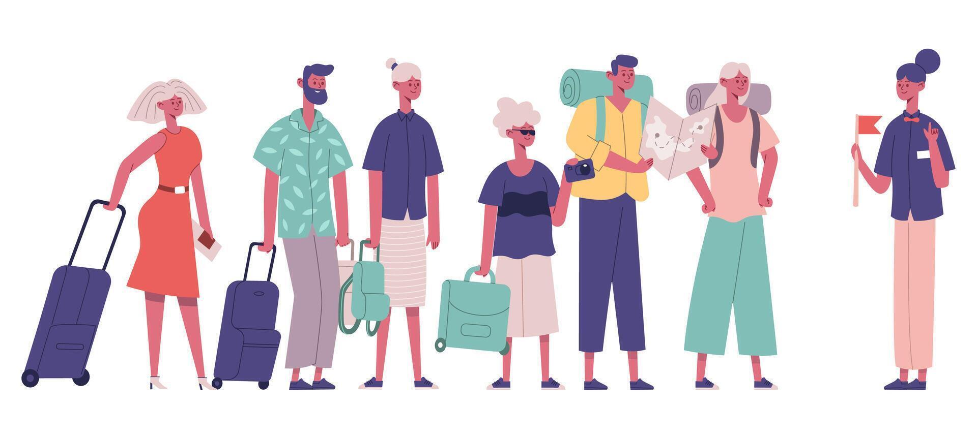 Tourists group visitors explore interesting places with guide. Male and female tourists new city excursion illustration. International tourists group vector