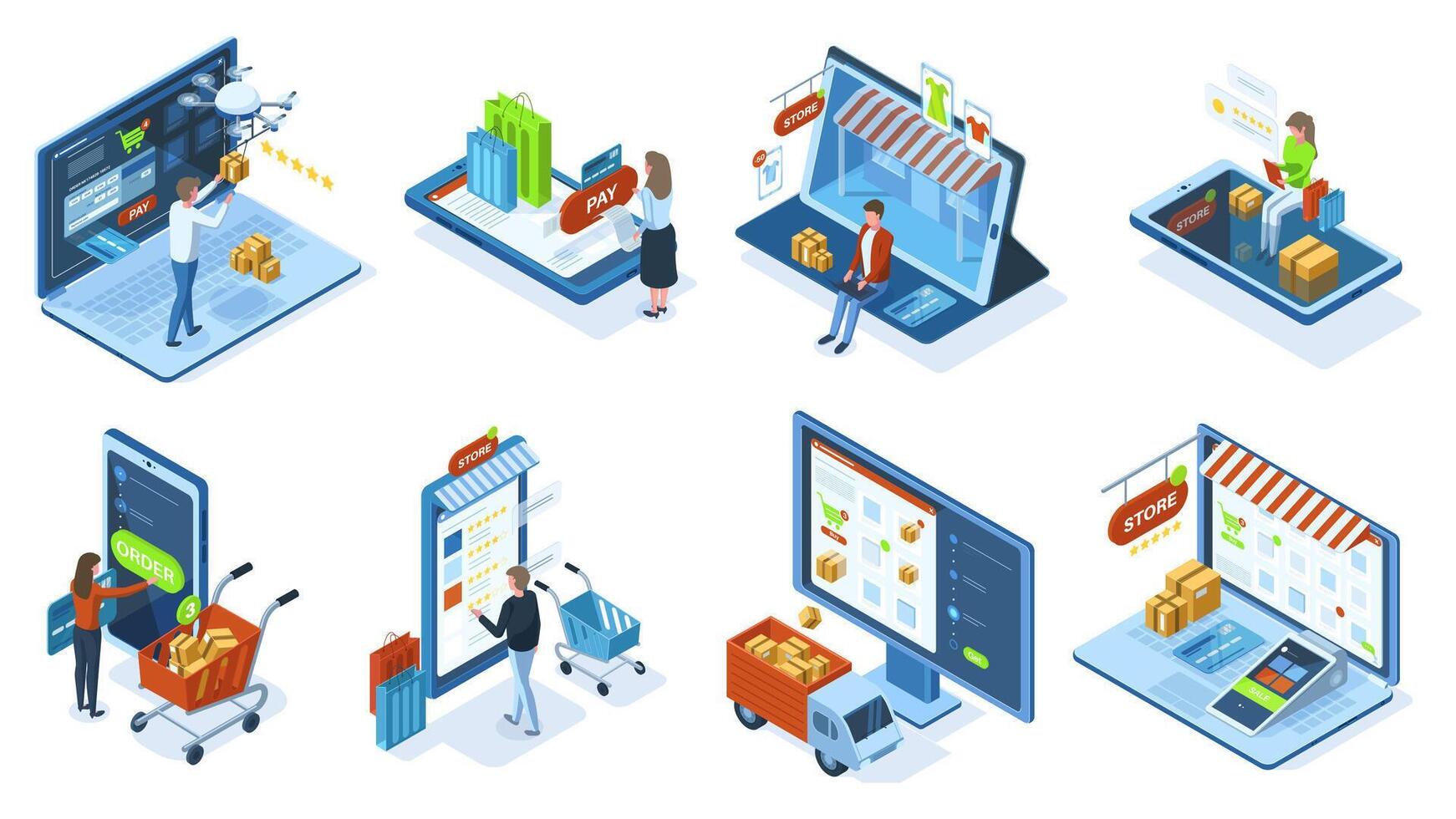 Isometric mobile e-commerce online shopping concept. People make purchases use mobile apps and payment systems illustration set. Mobile shopping orders vector