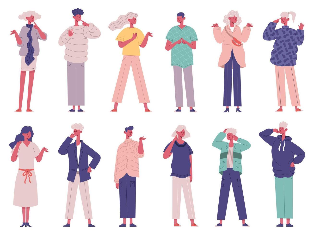 Making decision or choice thoughtful undecided pensive characters. Undecided thinking people group illustration set. Pensive thoughtful persons vector