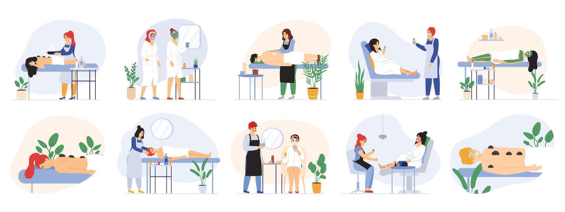 Spa beauty wellness massage salon procedure services. Wellness beauty salon workers and visitors illustration set. Massage, body wraps, facial treatment procedures vector