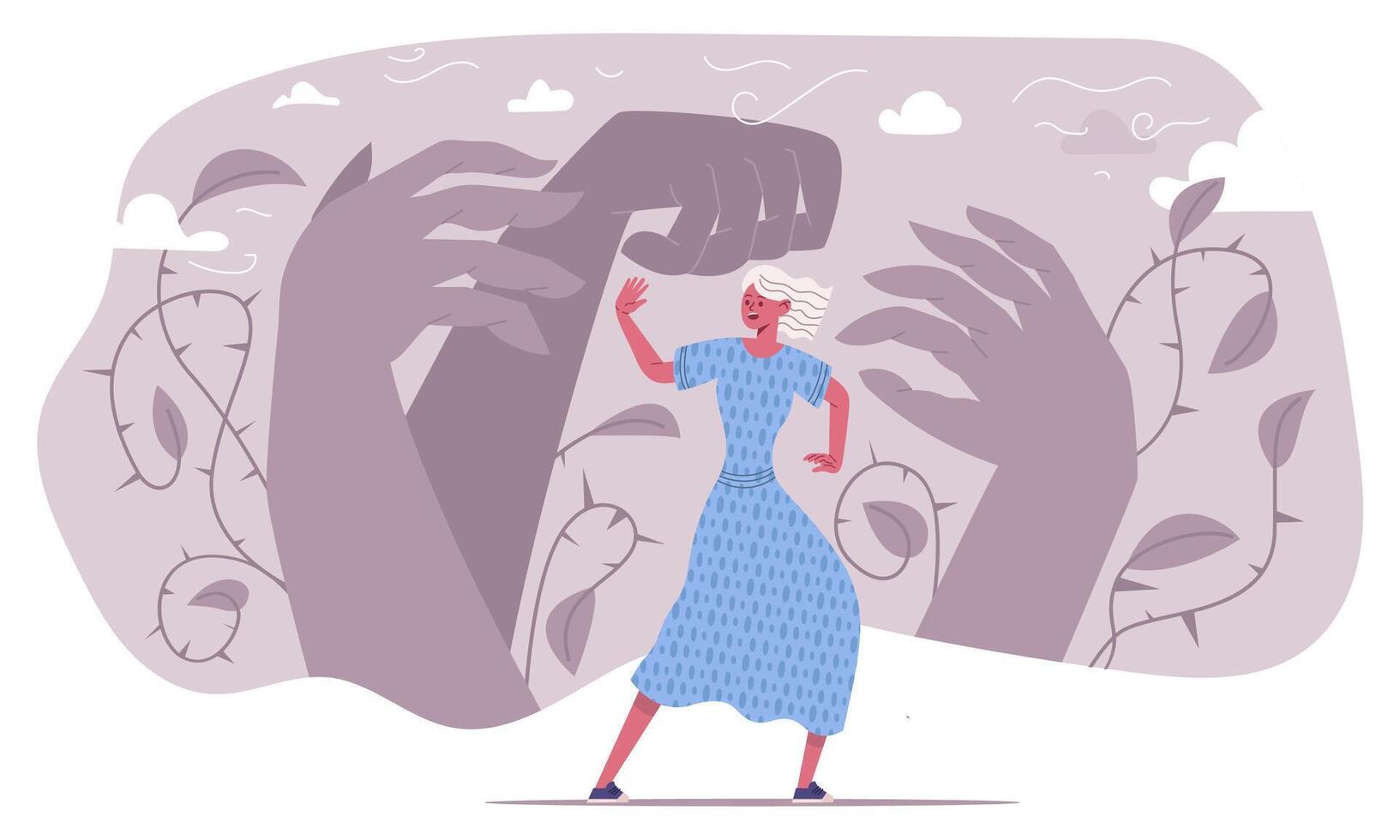 Panic attack, afraid scared frightened emotional person. Stressed unhappy woman suffering from psychological problems illustration. Anxiety fear concept vector