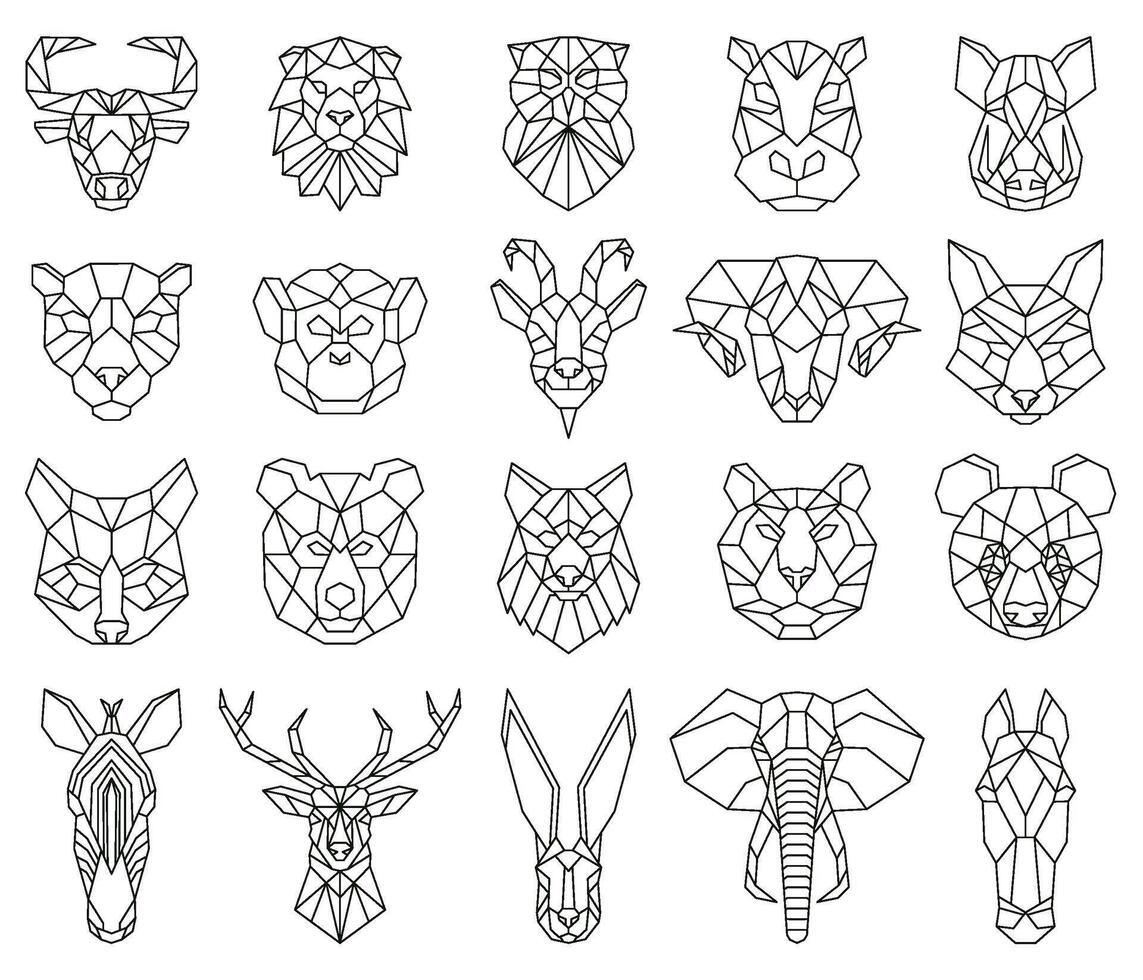 Polygonal geometric linear animal fox, deer, bear portraits. Animals heads, owl, lion, zebra and monkey triangular portraits illustration set. Low poly animal face vector