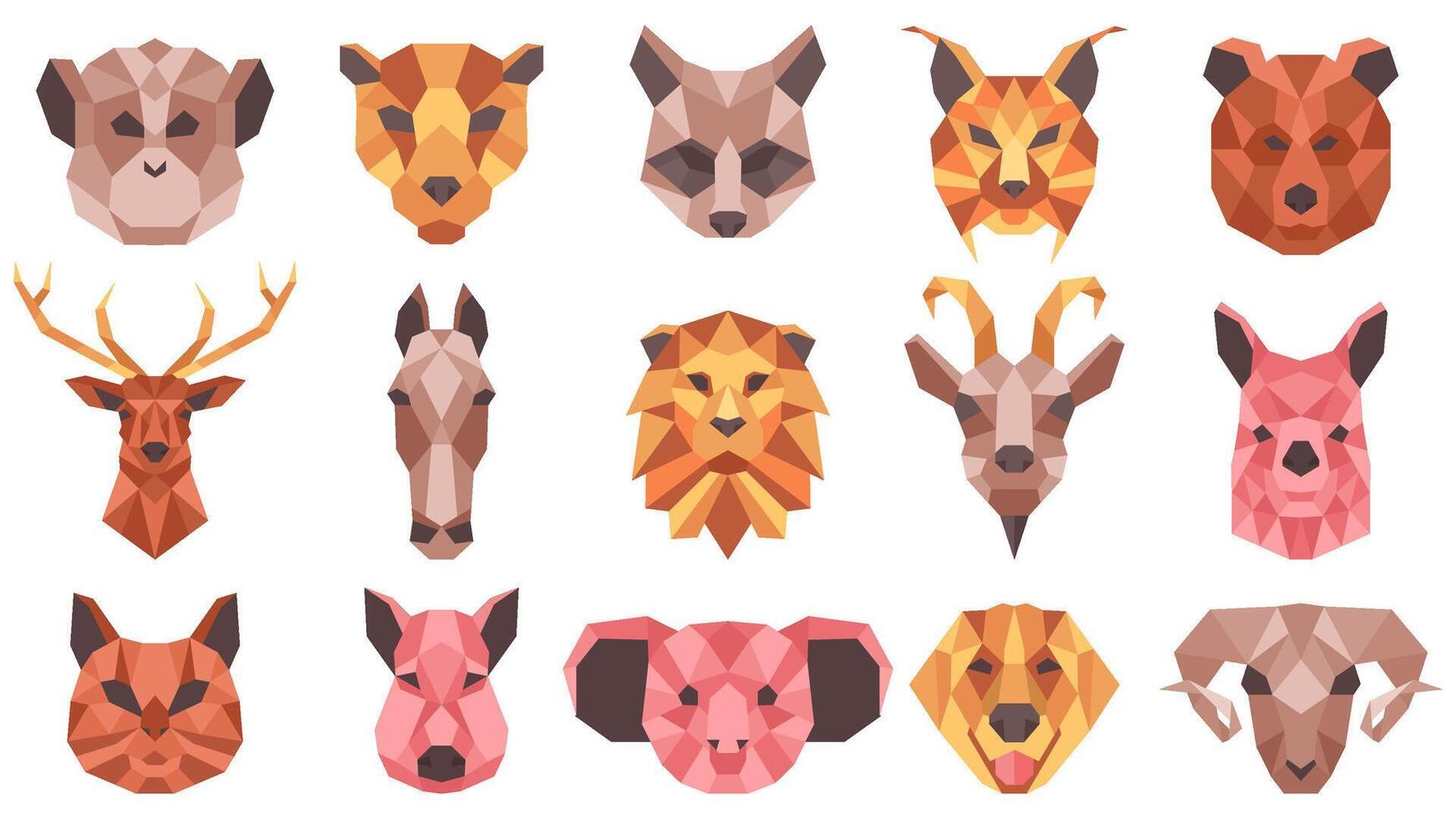 Polygonal geometric animals low poly portraits. Wild and domestic animals faces, cat, horse, racoon, goat illustration set. Geometric animal heads vector