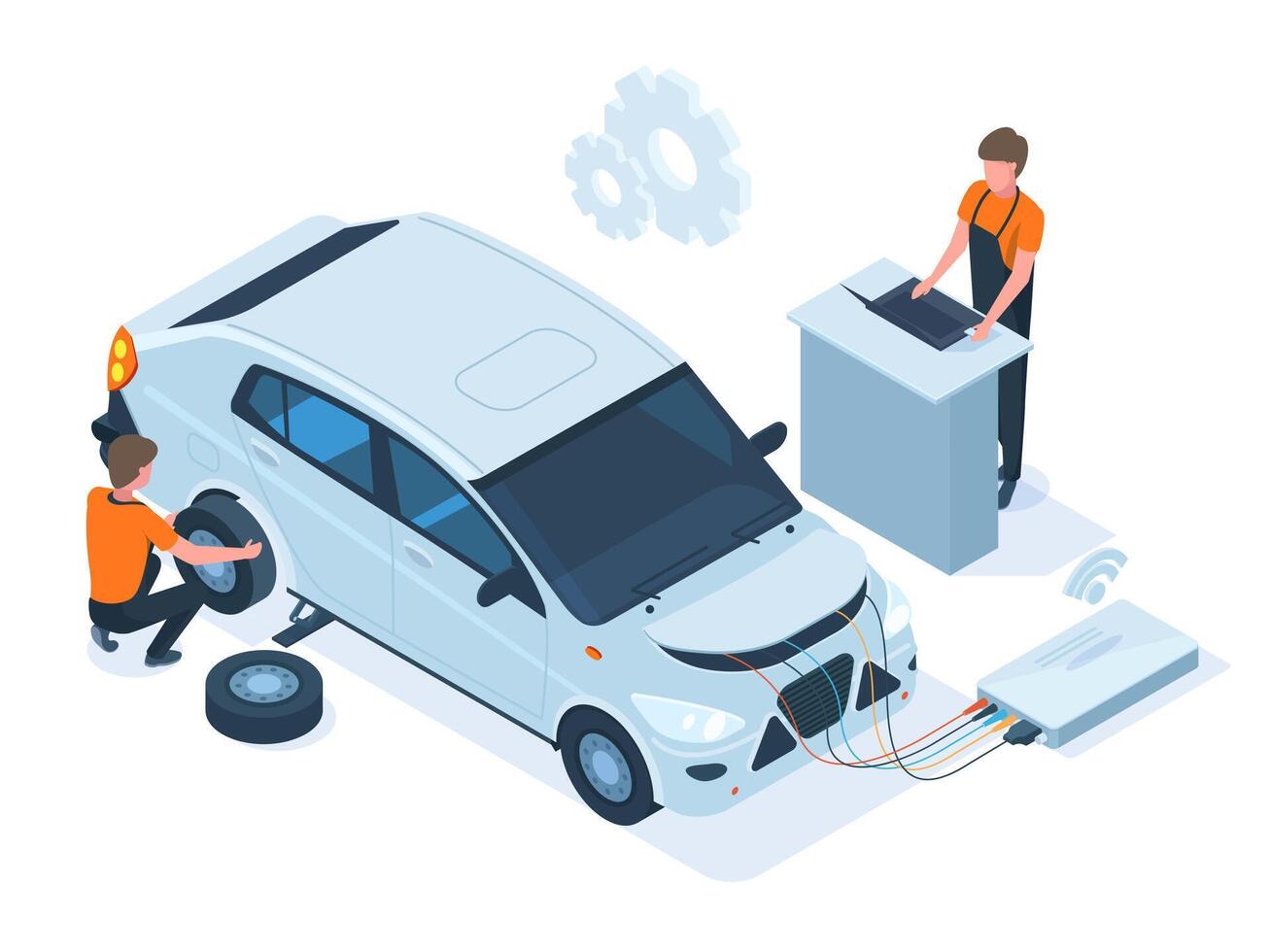 Isometric car maintenance, repair, computer diagnostics station. Auto repair service, mechanic engine diagnostic, troubleshooting illustration set. Car repair service vector