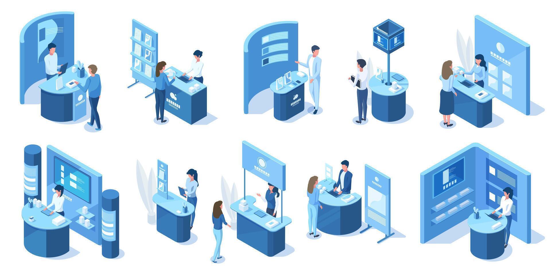 Isometric exhibition expo demonstration promotional 3d stands. Exhibition promo stand, expo workers and visitors characters illustration set. Trade expo stands vector