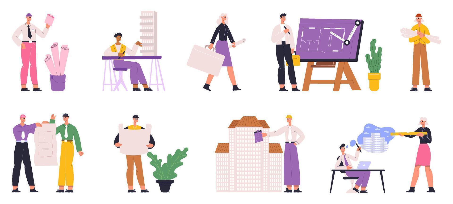 Builders, engineers, architects professional construction workers. Architect people occupation illustration set. Professional engineer characters vector