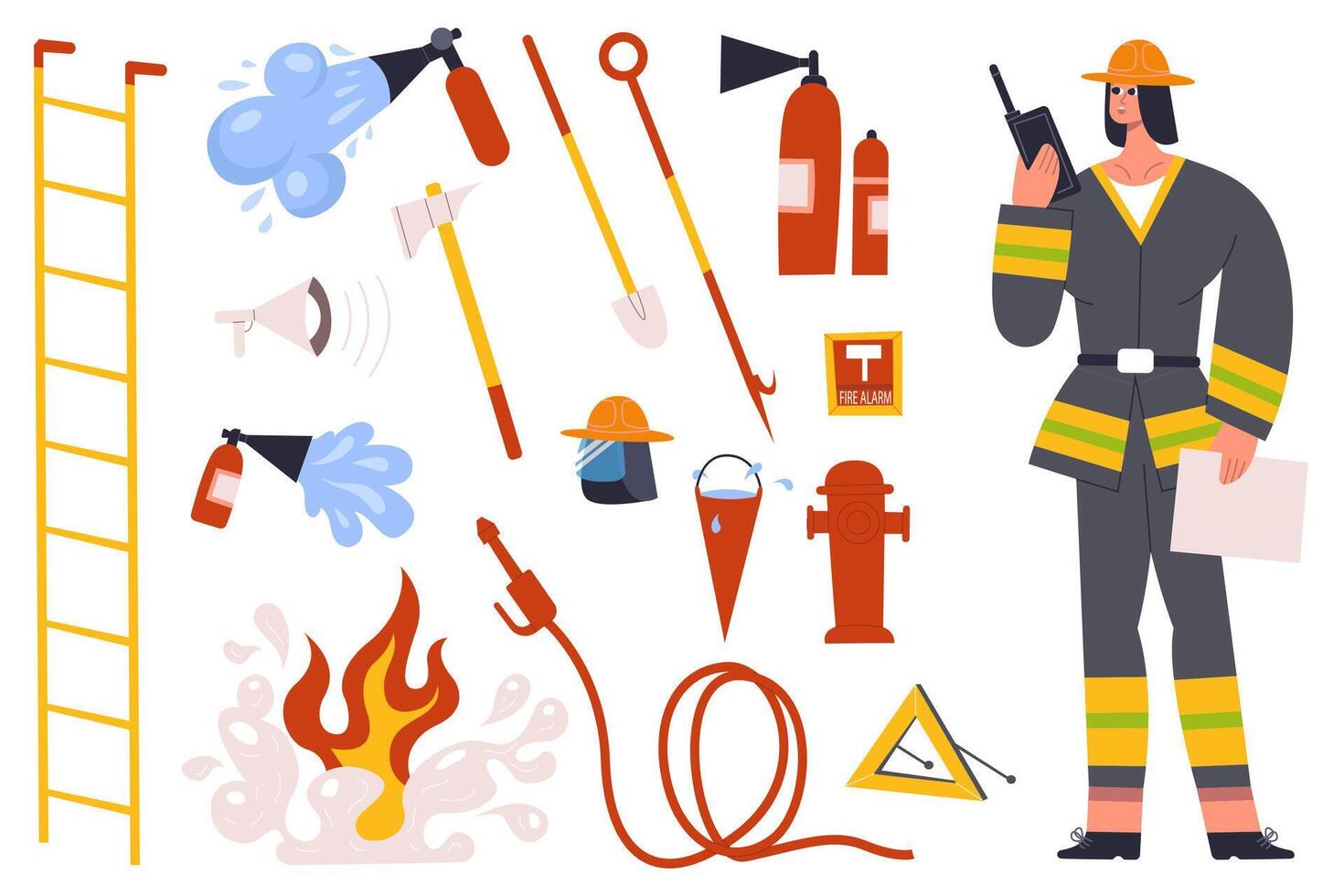 Firefighter, fireman character with fire fighting equipment tools. Fireman in uniform with fire hose hydrant, fire extinguisher illustration set. Fireman character vector