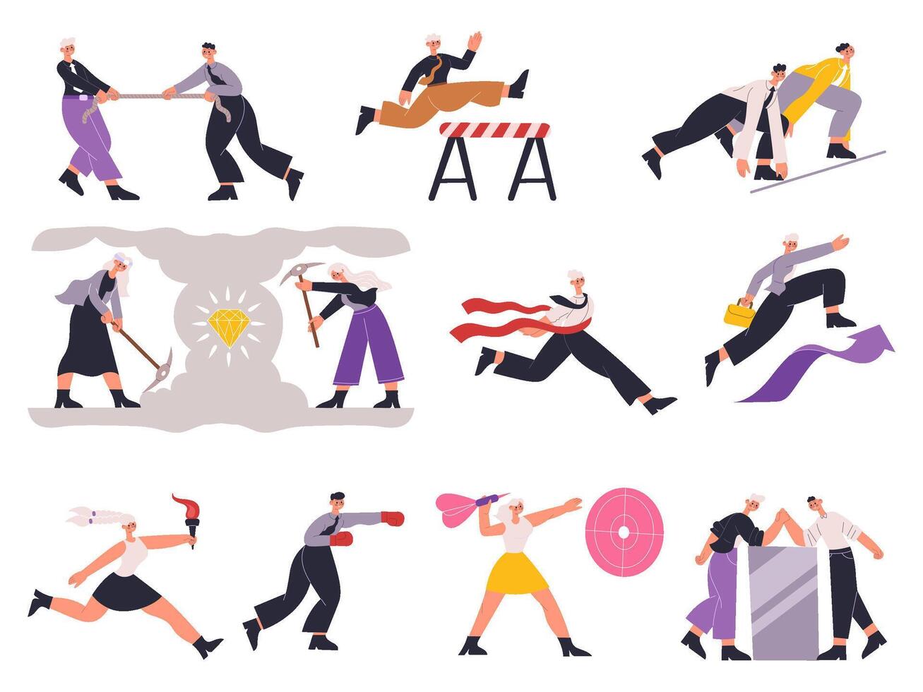 Business workers characters professional career struggle competition. Career competition and job motivation illustration set. Male and female competing business people vector