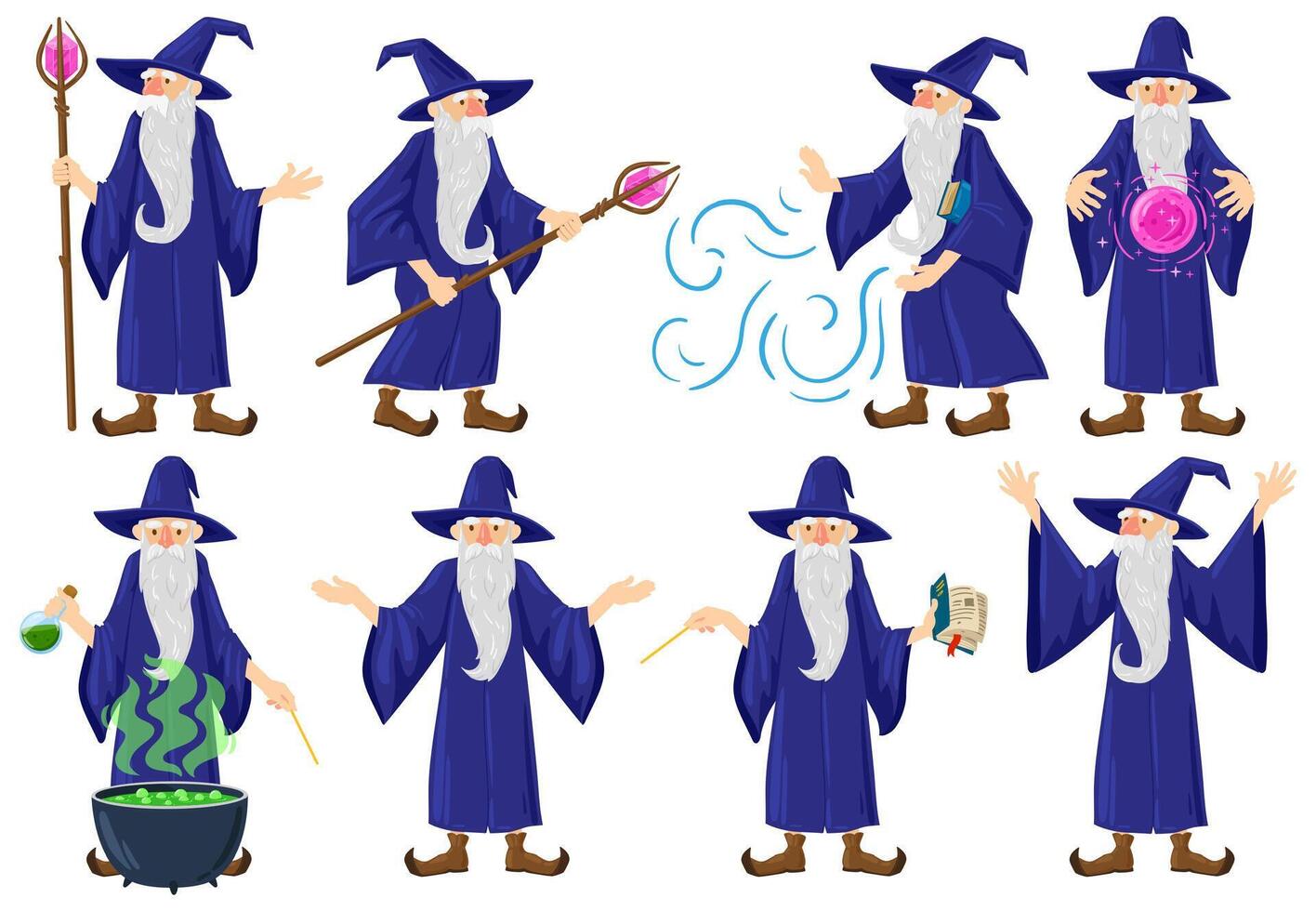 Cartoon fairy tale medieval wizard, magician character. Old magician, warlock, witchcraft male fairy tale hero illustration set. Mystery wizard practicing spells vector