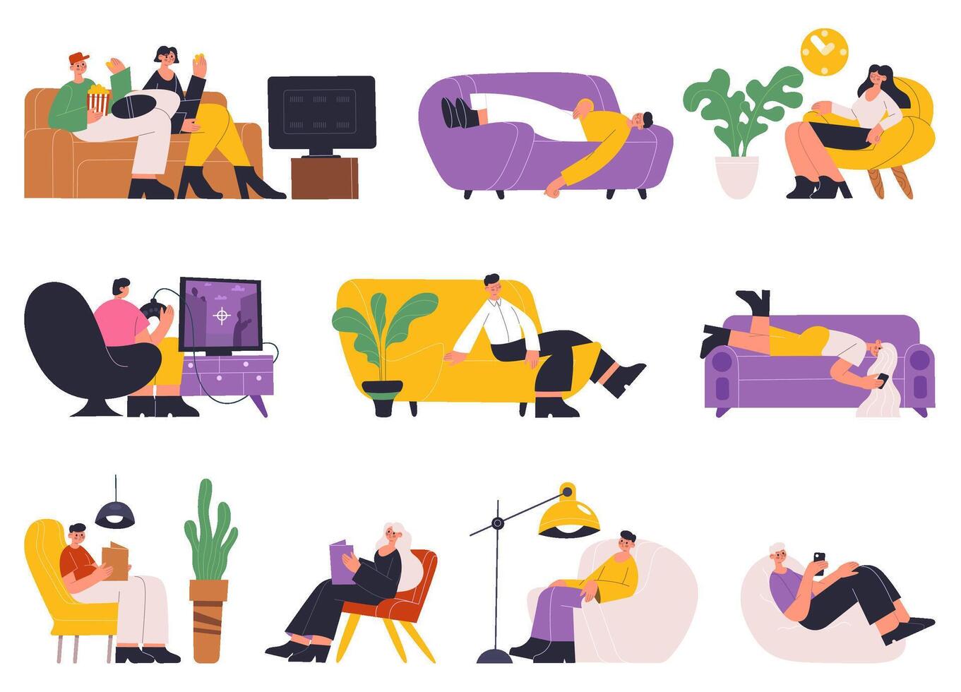 People resting, sleeping, reading books on comfy sofa. Young women and men relaxing, spending time on sofa or cozy couch illustration set. Characters relaxing at home vector