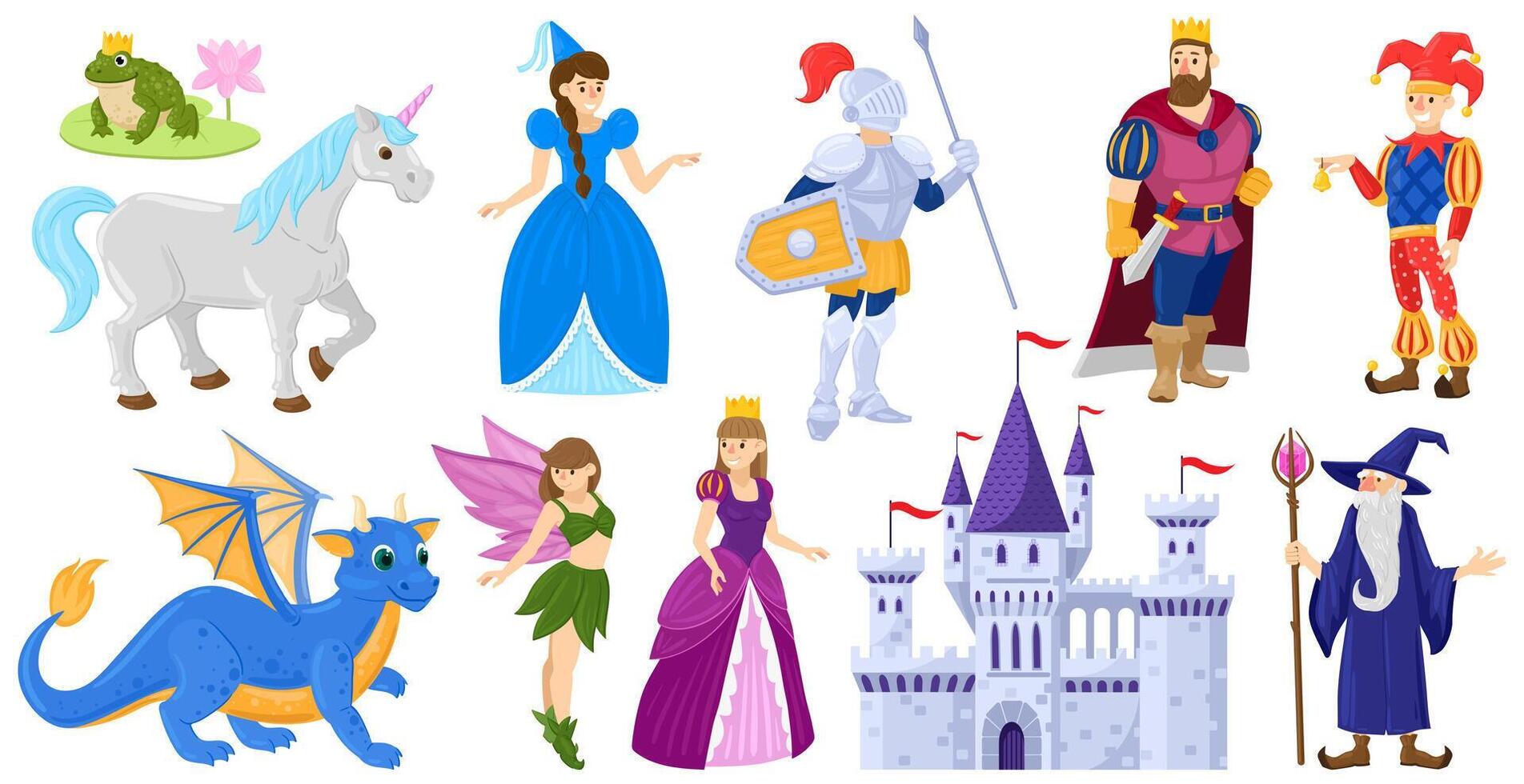 Cartoon fairy tale medieval magic world characters. Fantasy fairy tale princess, unicorn, knight, wizard, dragon illustration set. Fairy tale magical world heroes vector