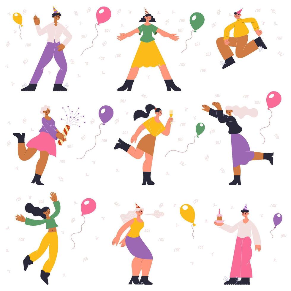 Birthday party preparation, celebration, dancing, happy characters. People having fun, celebrating with confetti and balloons illustration set. Fun festive people vector