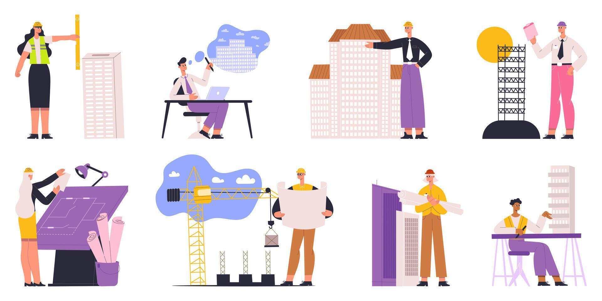 Architects, engineers, builders and construction workers characters. Professional builder, architect, worker engineer illustration set. Architectural project workers vector