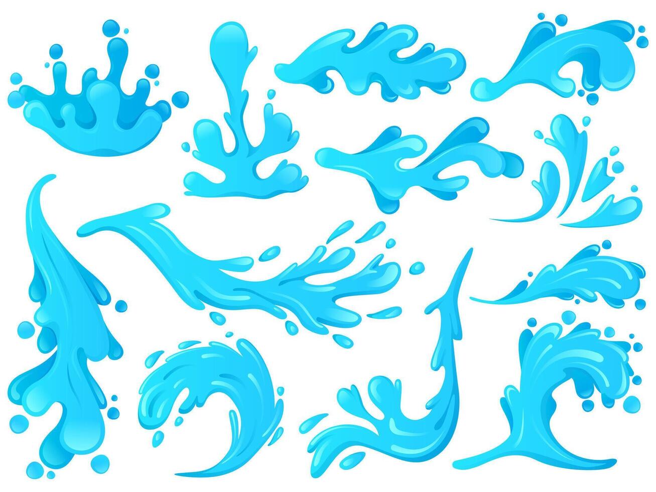 Ocean water waves, blue splash wavy swirls. Blue sea waves and splashes, motion water elements isolated illustration set. Wavy water splashes symbols vector