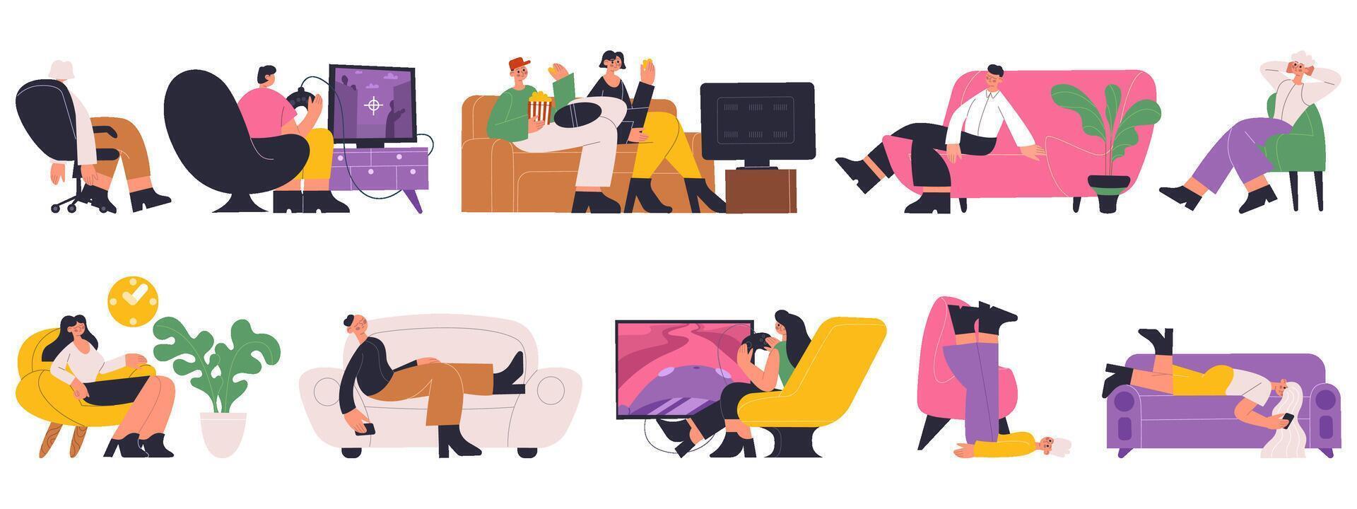 Characters sleeping, working, resting, watching tv on comfy sofas. People spending time, reading on couch illustration set. Women and men relaxing on comfy sofa vector