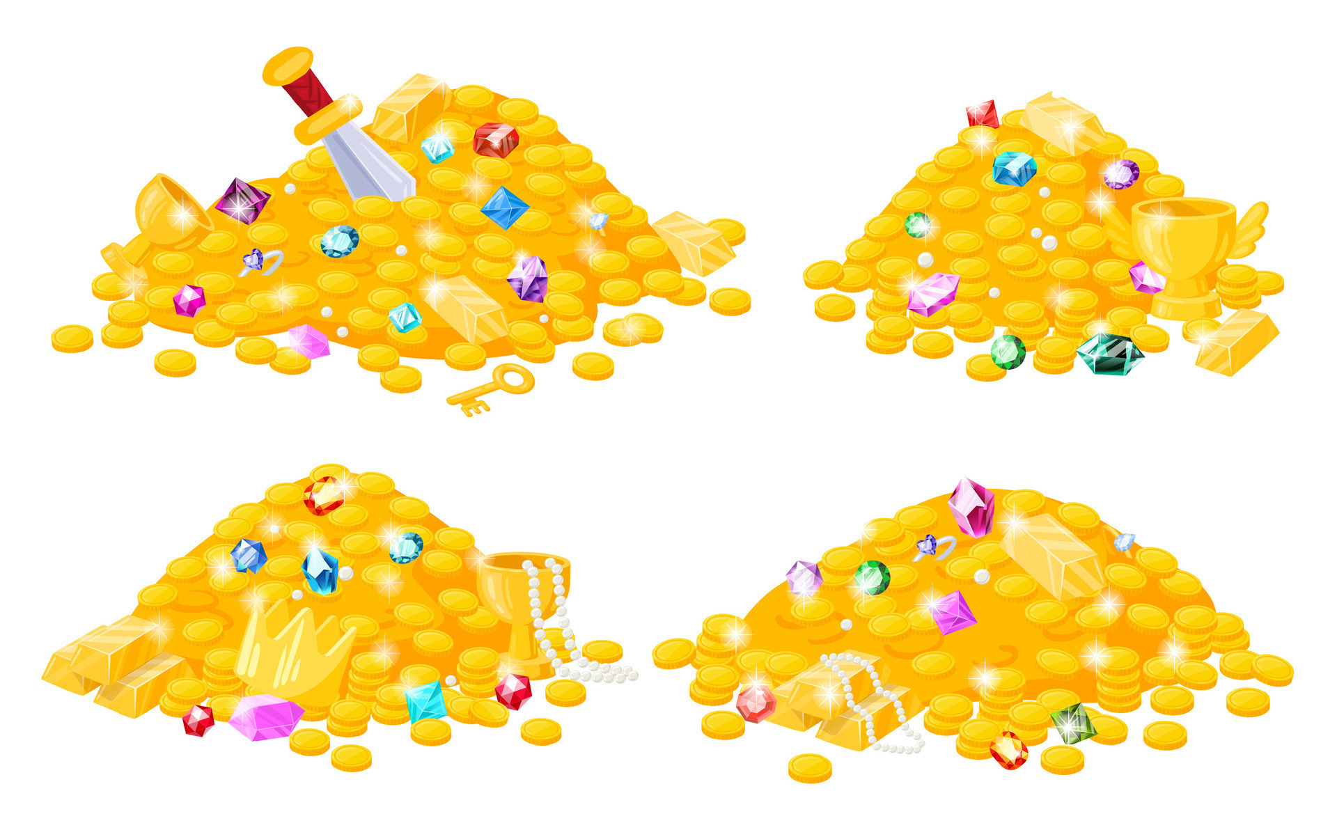 Cartoon pirates treasure, gold coins, gems, crown, sword, jewels