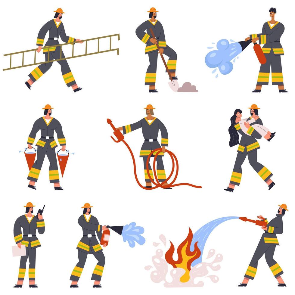 Brave firefighters rescue emergency service characters in action. Fireman with fire extinguishing rescue equipment illustration set. Firefighters emergency service vector