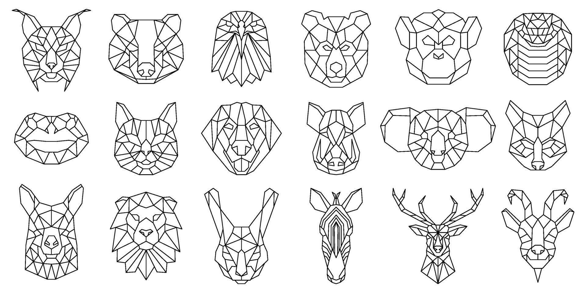 Linear polygonal animal bear, snake, dog geometric heads. Low poly animals faces, boar, llama, lynx and koala illustration set. Polygonal animal portraits vector