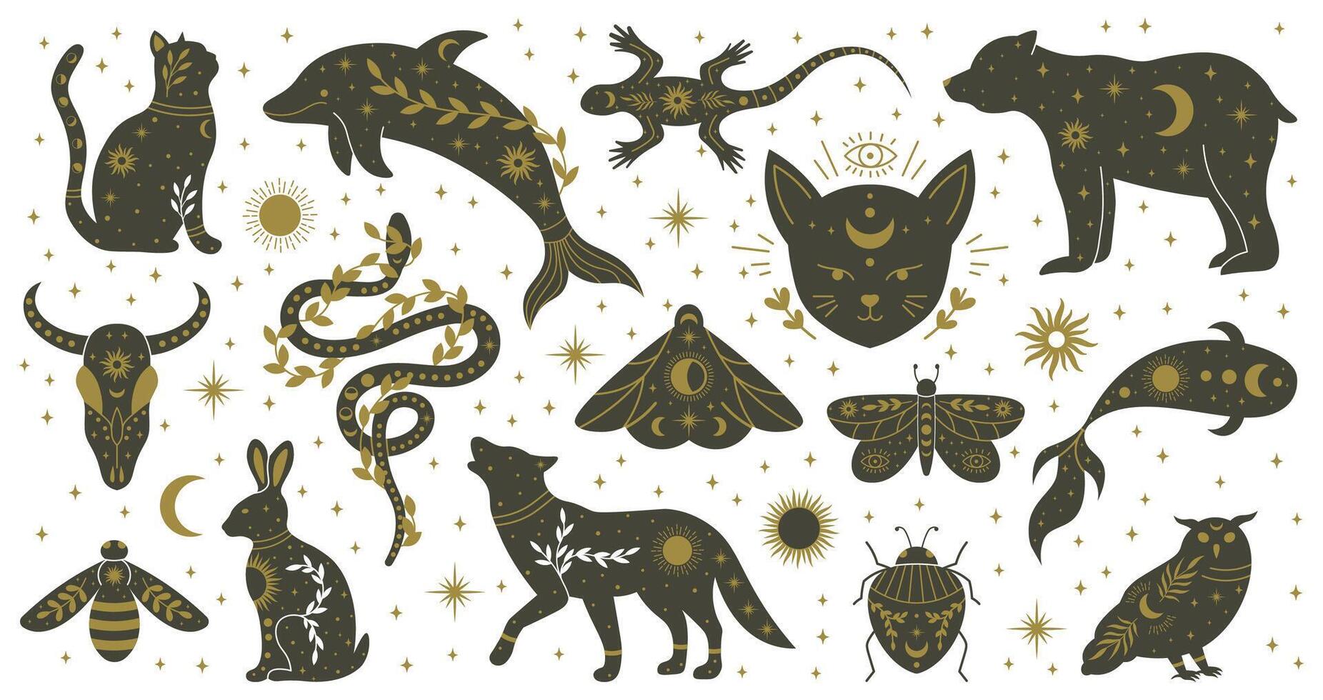Mystic boho witchcraft hand drawn animals and moths insects. Witchcraft magical dolphin, bear, lizard, snake and moth illustration set. Mythological wildlife animals vector