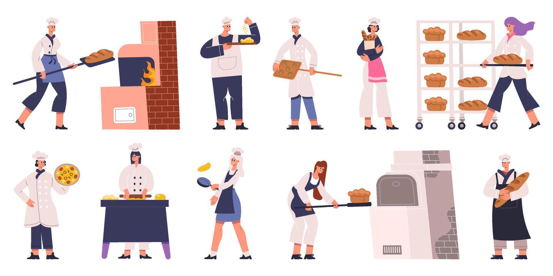 Professional bakers characters cooking, baking bread and pastry. Bakers characters making pastry and tasty bread Illustration set. Bakers male and female characters vector