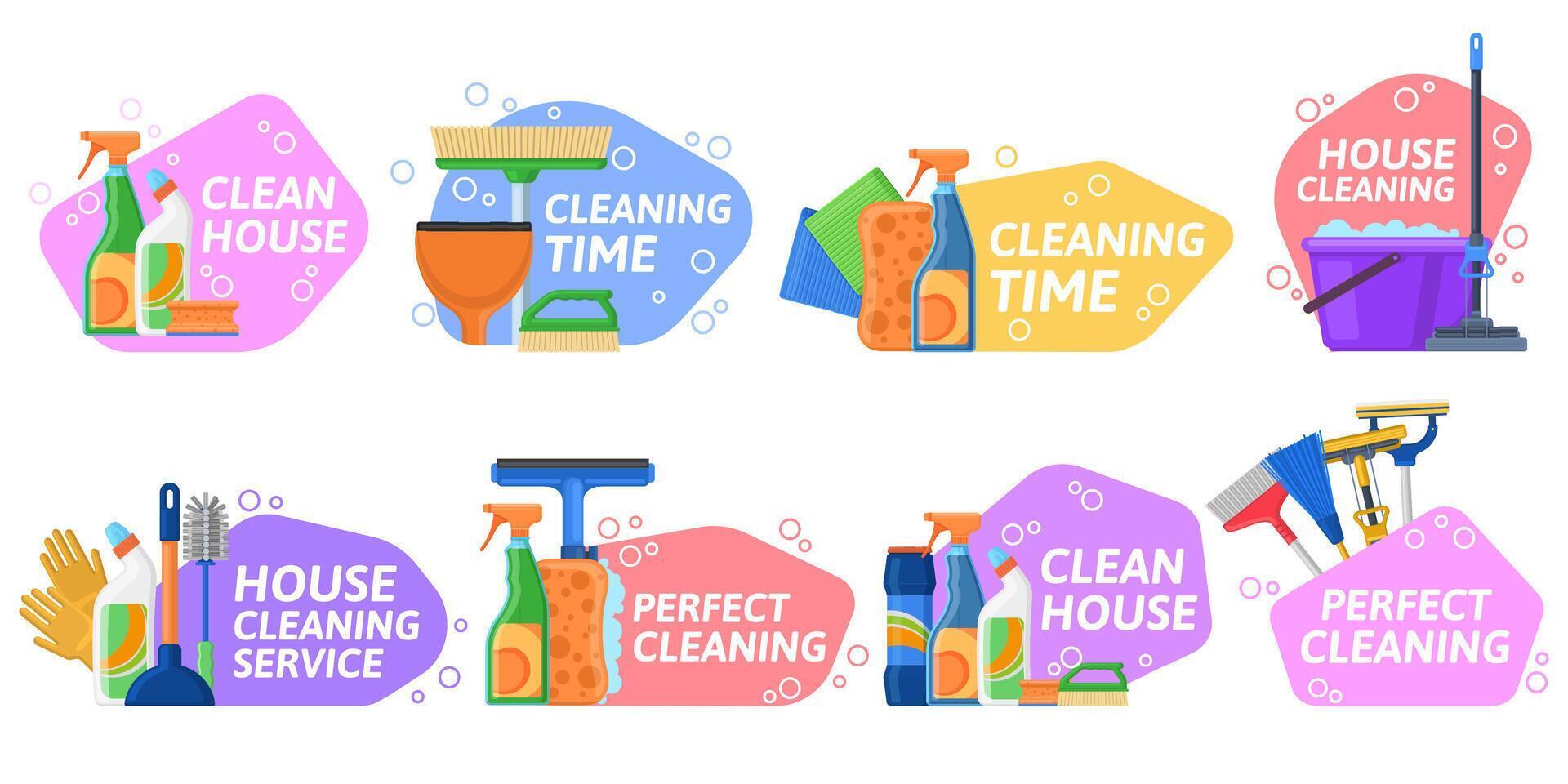House cleaning services, household equipment emblems. Housekeeping supplies, detergents and cleaning equipment badges Illustration set. Cleaning tools labels vector