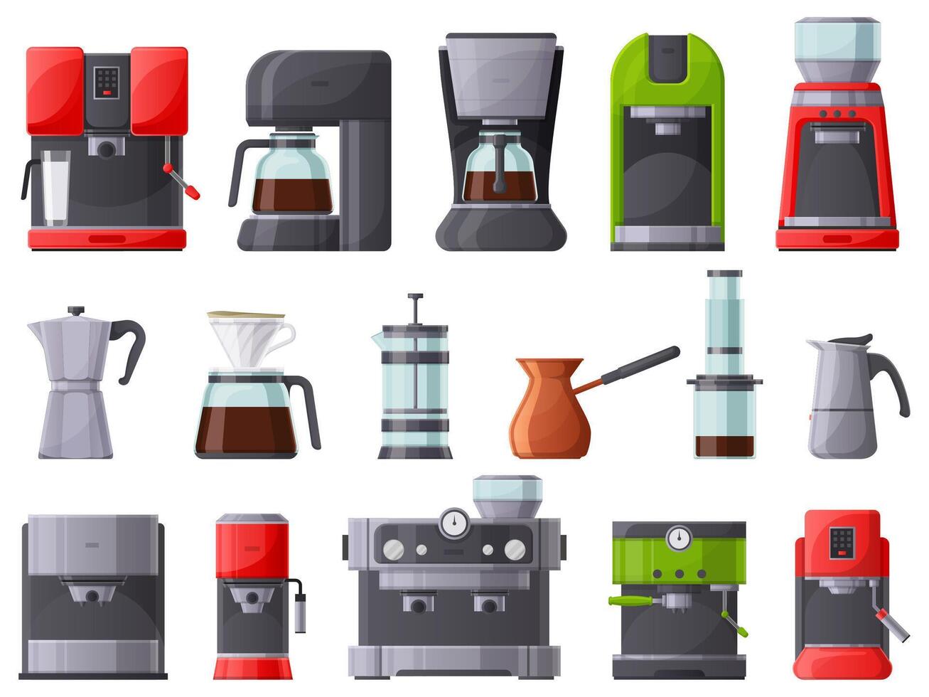Coffee machines, coffee maker, espresso machine and coffee pot. French press, restaurant or home coffee makers illustration set. Coffee makers vector