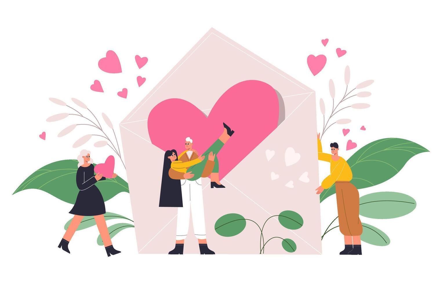 Romantic people, couple in love with giant heart, valentines day concept. Happy romantic characters with red heart and love letter illustration. Valentines day concept vector