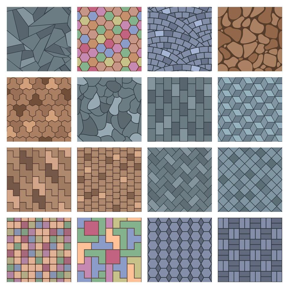 Paving stone, street landscape pavements brick architectural elements. Walkway stones, landscape street pavement floor illustration set. Brick paving stone pattern vector