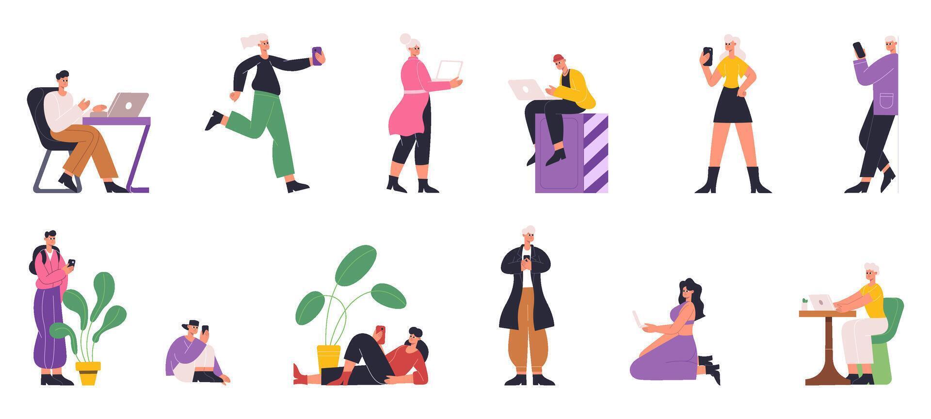 People surfing internet using gadgets, chatting and reading. Characters use internet with mobile gadgets, tablet, smartphone illustration set. People social networking vector