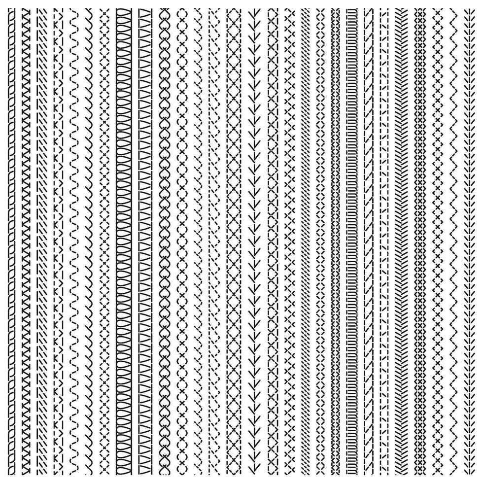 Sewing stitches, machine and hand sewing seam lines. Embroidery stitch border lines, sewing zigzag and wavy stripes illustration set. Stitched embroidery seams vector