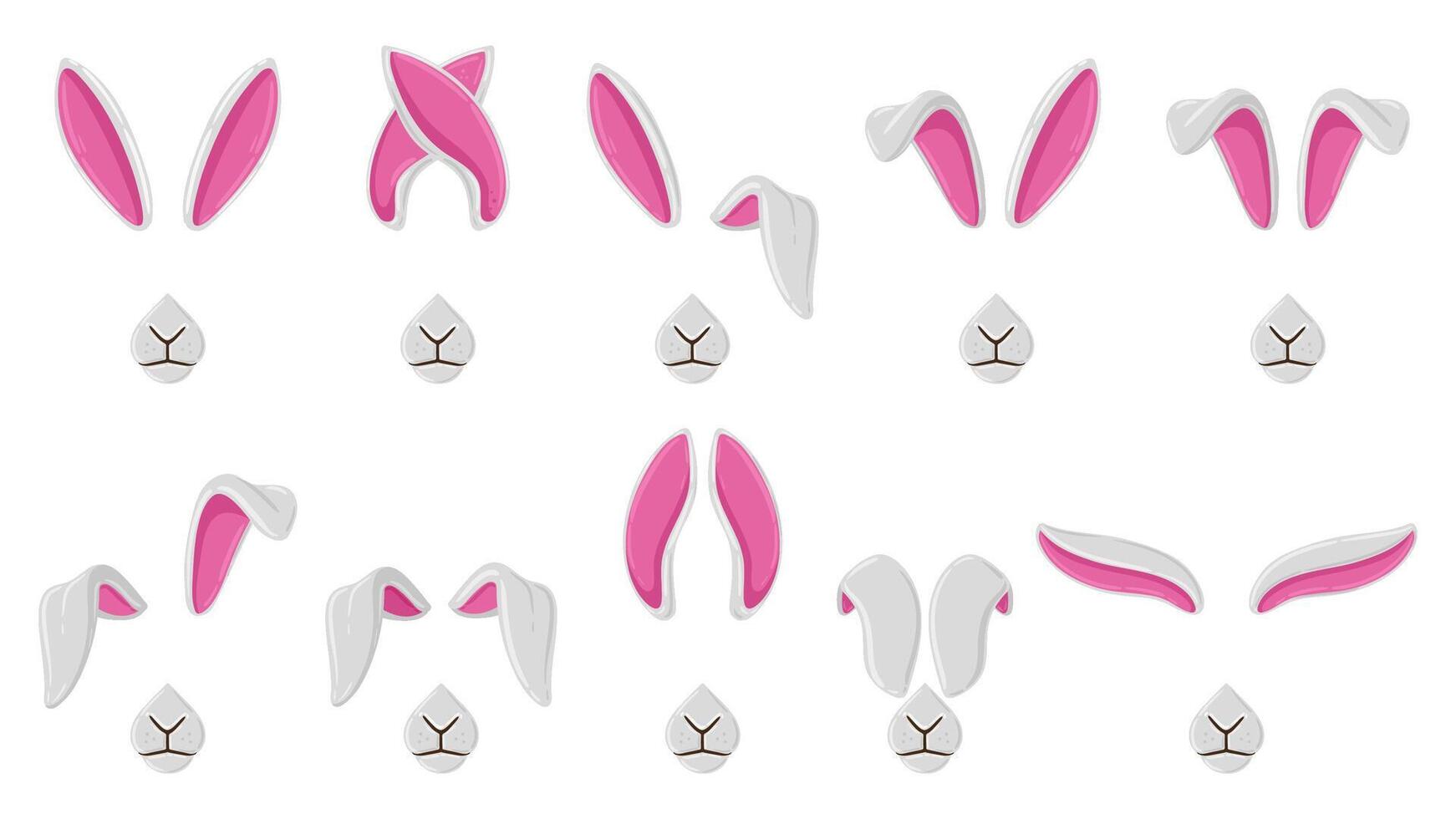 Cartoon rabbit ears, cute bunny ears selfie or chat masks. Rabbit ears and noses selfie filters or mobile photo editor illustration set. Bunny chat masks vector