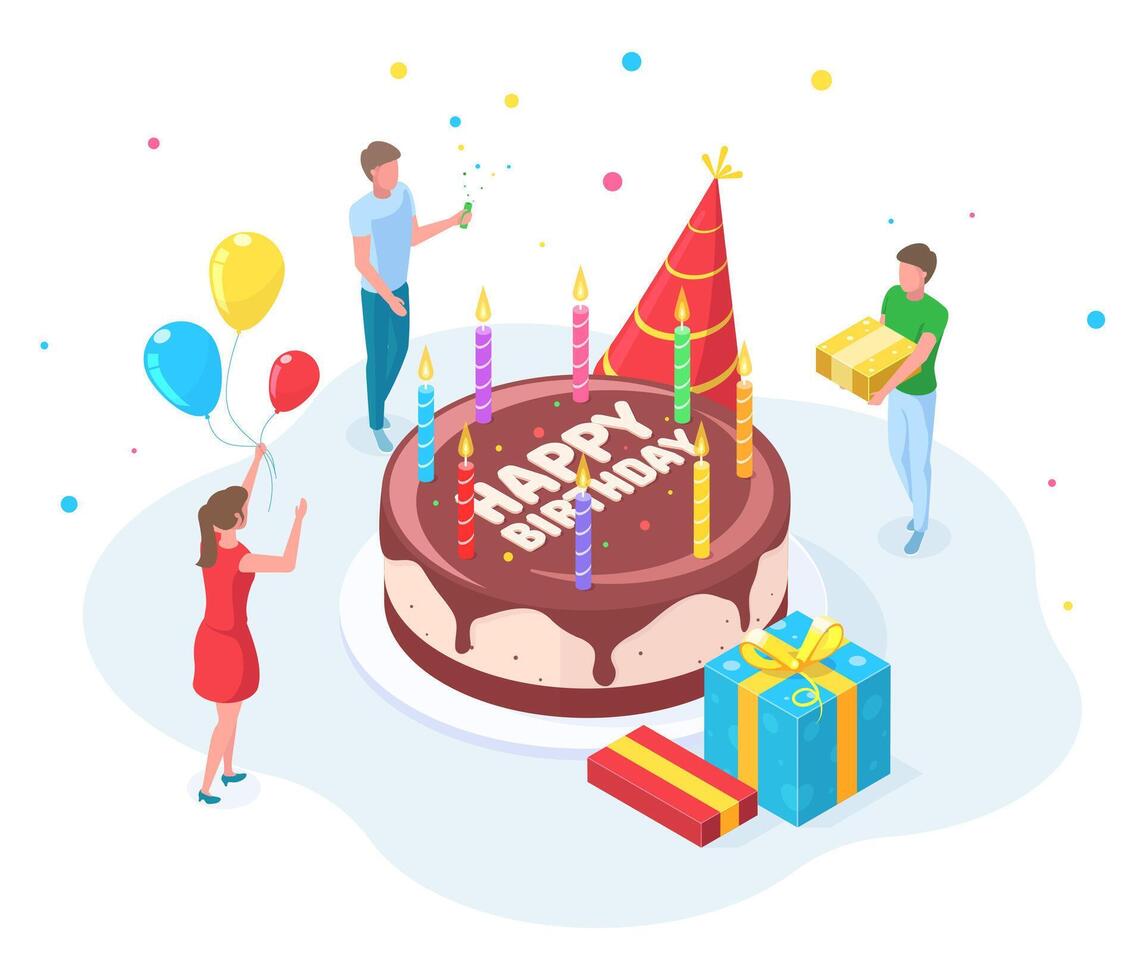 Isometric happy birthday party people celebration concept. Characters celebrating birthday event, congratulate birthday person illustration. Happy birthday festivity vector