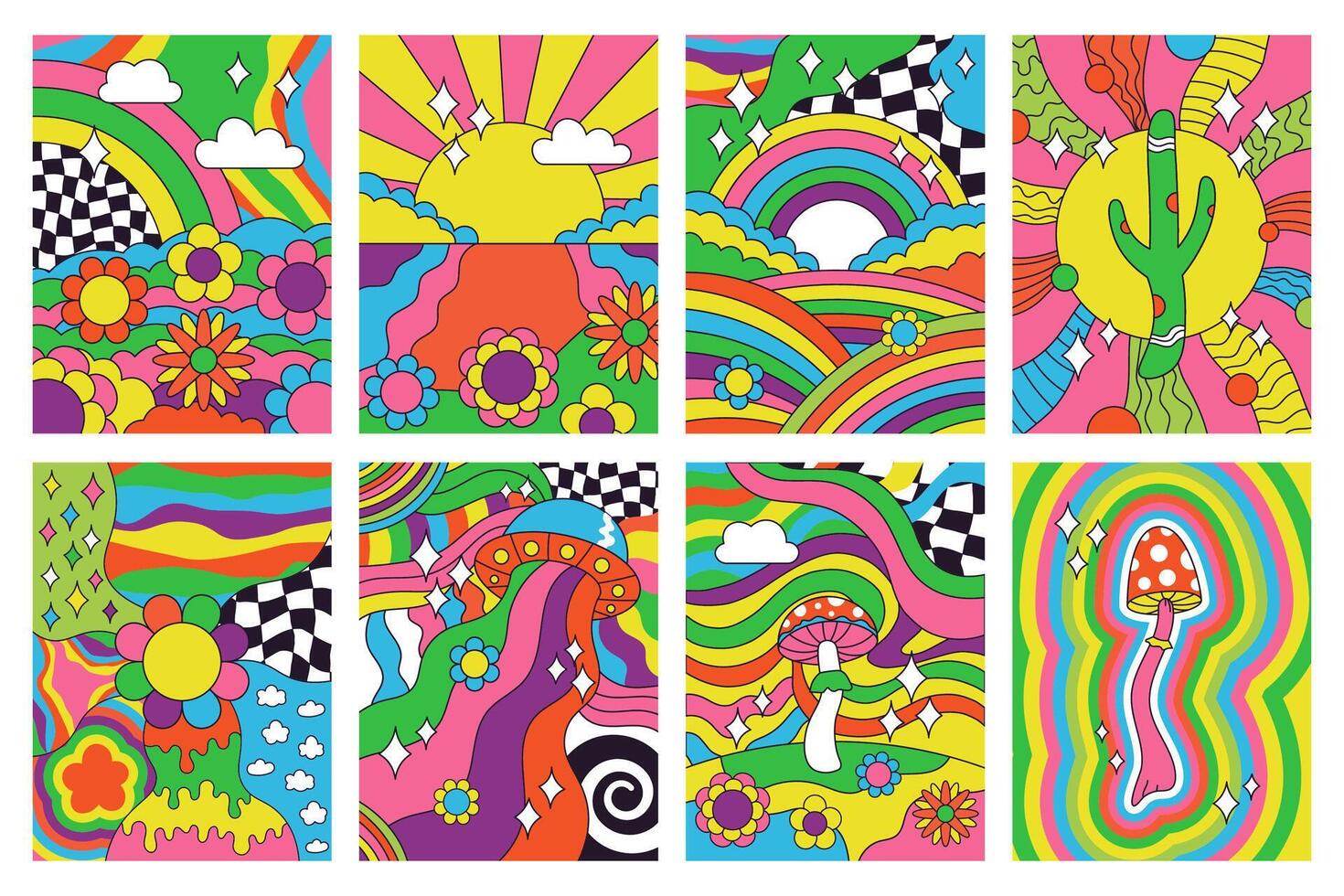 Groovy retro vibes, 70s hippie style psychedelic art posters. Abstract psychedelic hippie rainbow landscape 60s posters illustration set. Hippie style retro covers vector