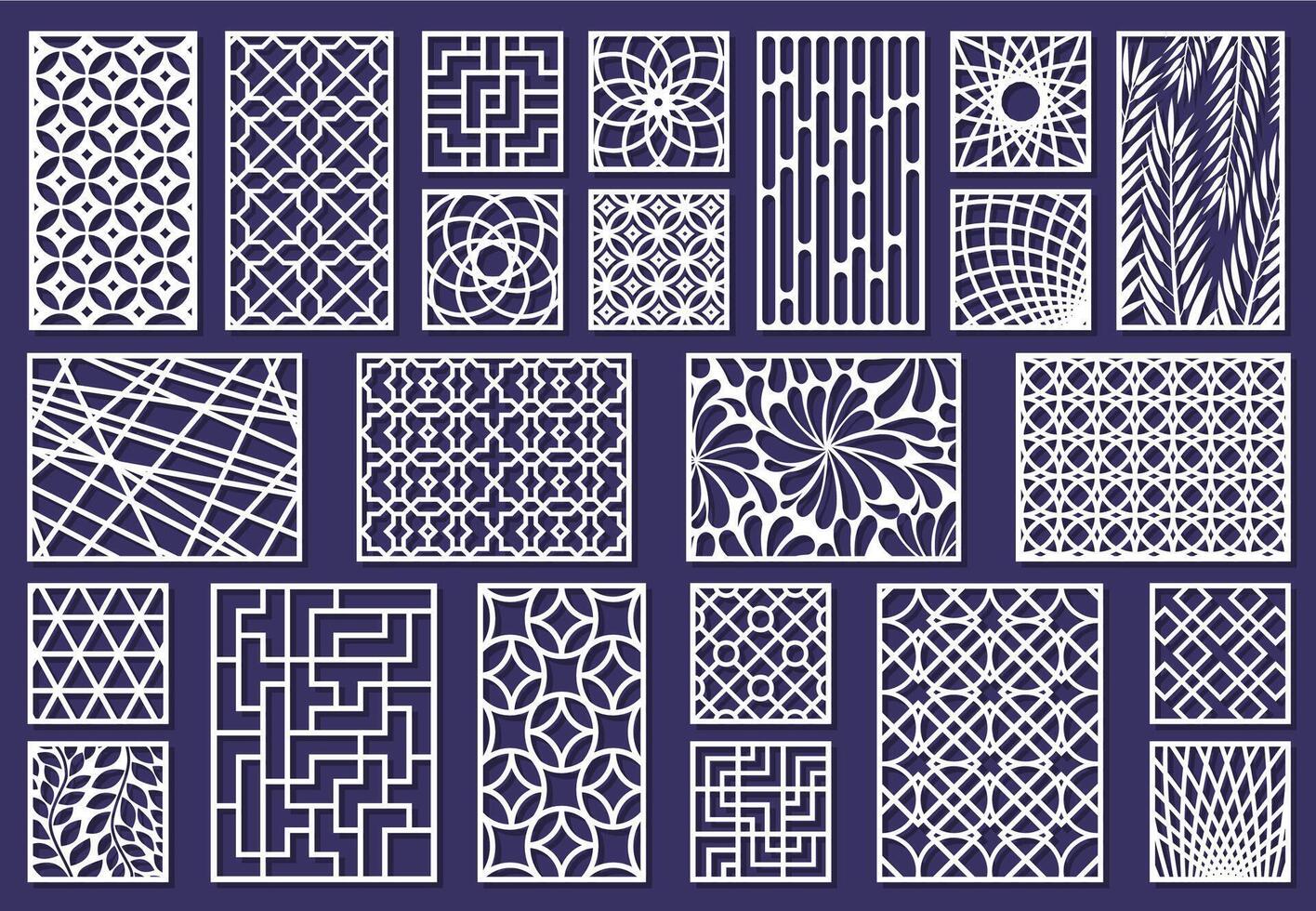 Laser cut template patterns, paper art or metal cutting panels. Abstract texture decorative laser cut panels illustration set. Cutting engraving panels vector