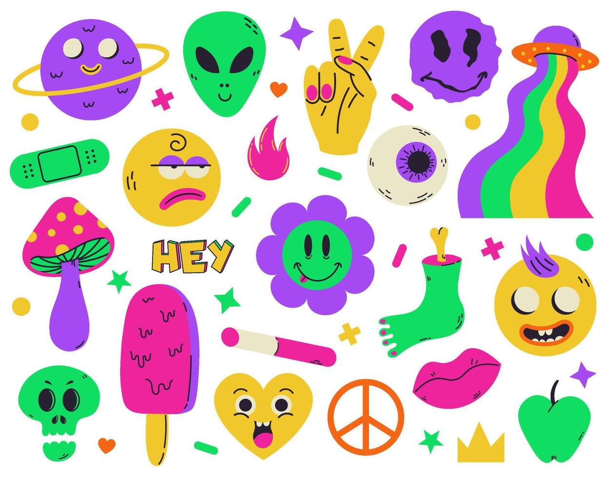 Psychedelic surreal abstract neon stickers and funny cartoon elements. Surreal heart, flower, skull emoji symbols illustration set. Neon hallucination characters vector
