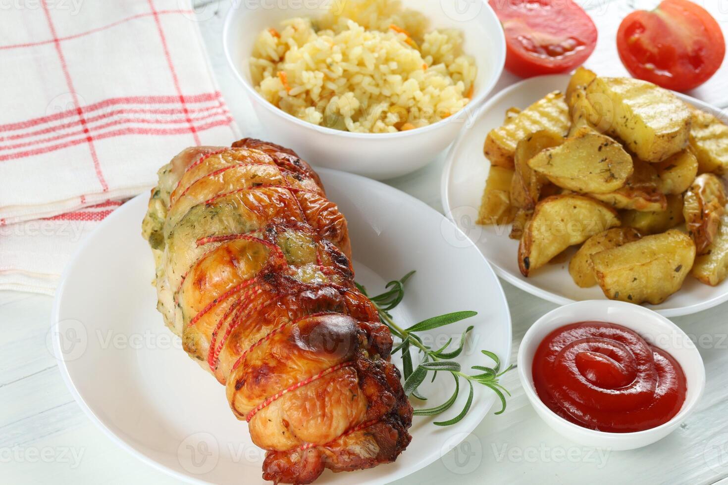 boneless meat roulade on the table. Delicious food in the restaurant. photo