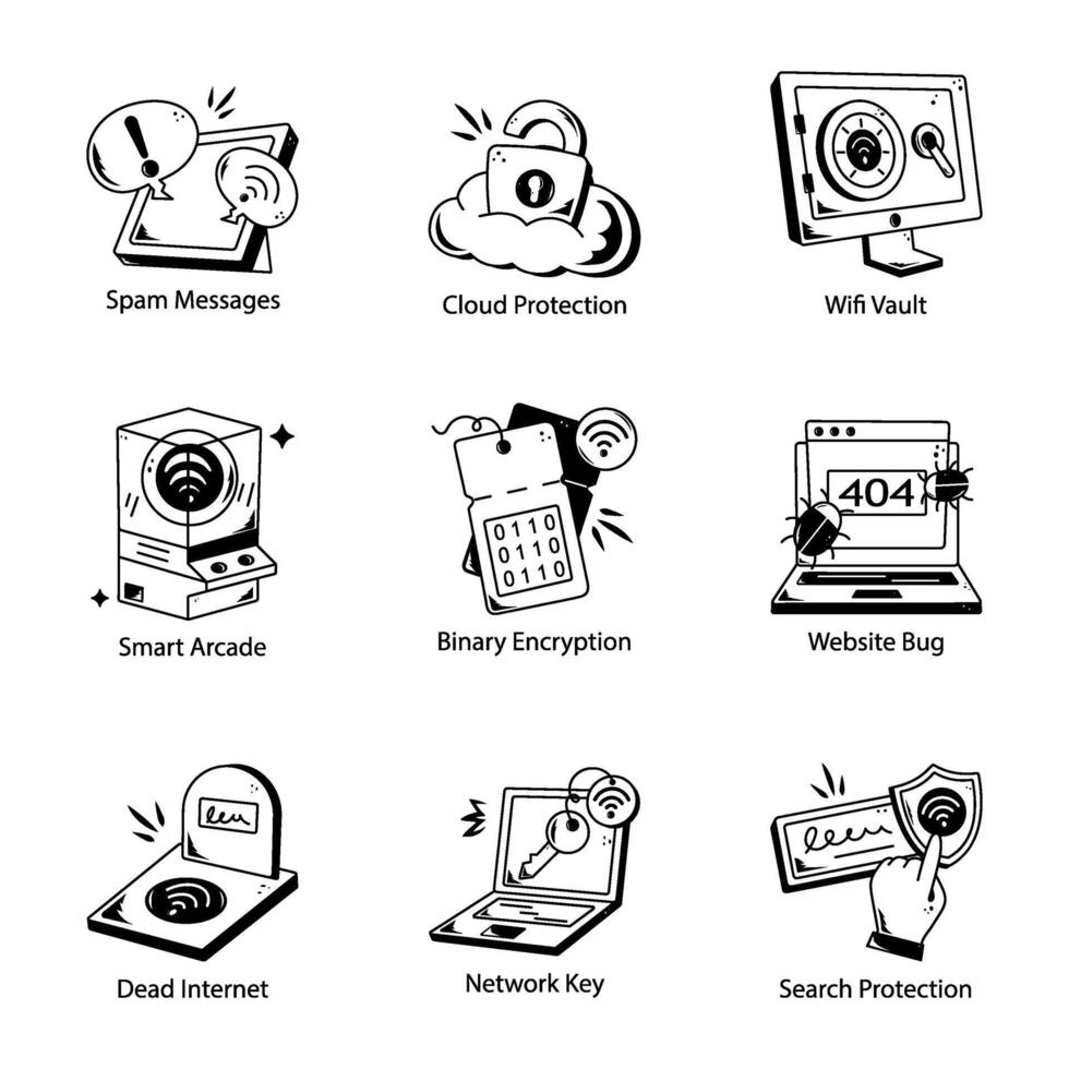 Bundle of Online Security Doodle Icons vector