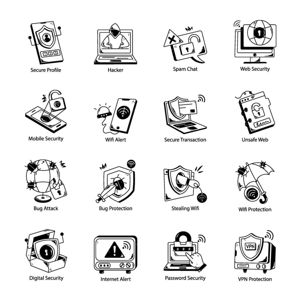 Handy Doodle Icons of Cyberattacks vector