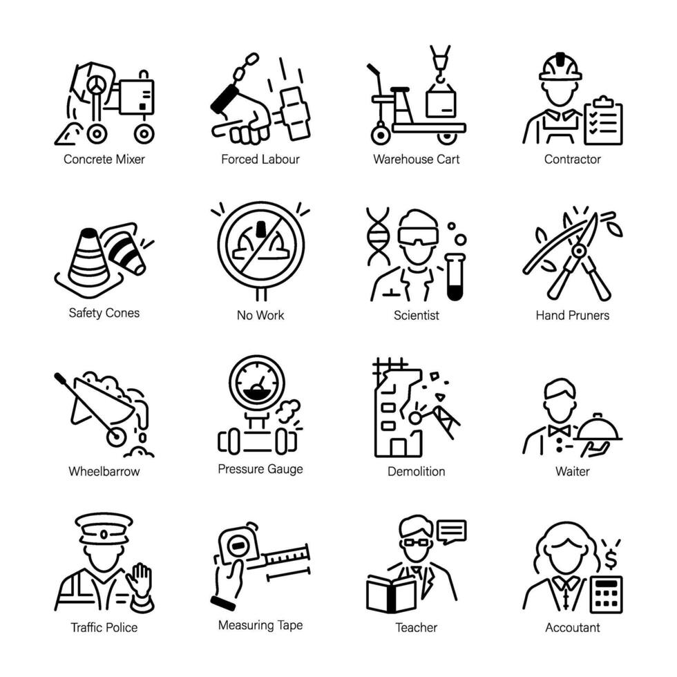 Collection of Occupations and Labours Tools Linear Icons vector