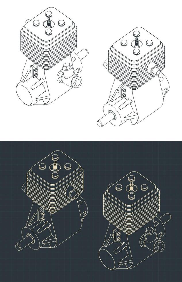 Two-stroke engine isometric blueprints vector