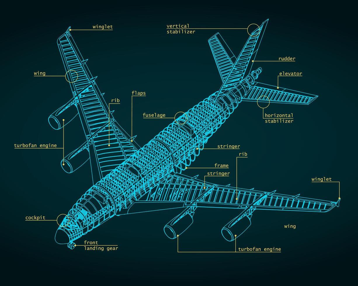 Large passenger plane isometric blueprint vector