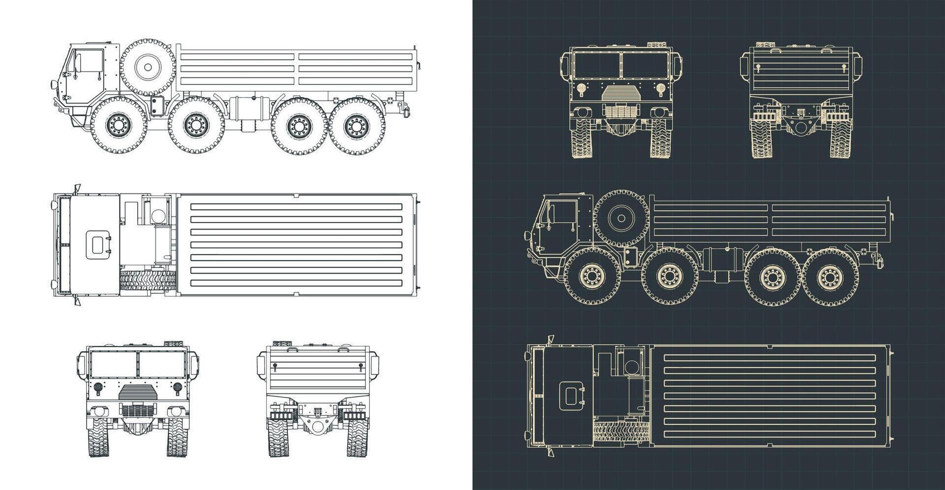 Military heavy duty truck blueprints vector