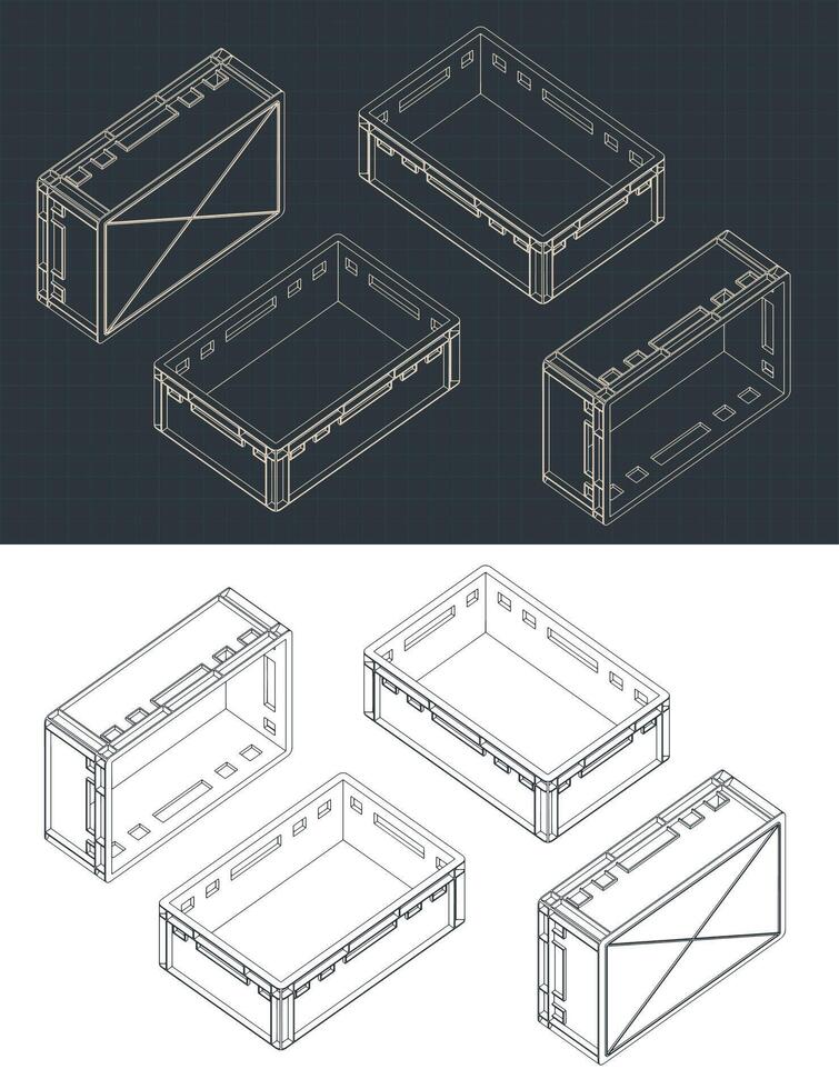 Plastic pallet box isometric blueprints vector