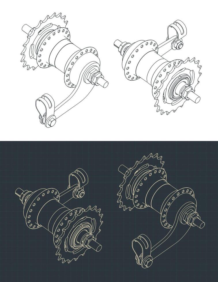 Coaster brake hub isometric blueprints vector