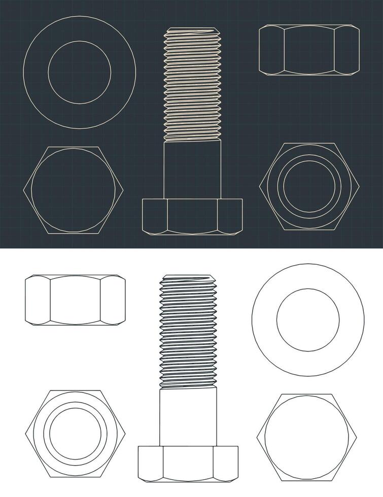 Hexagon bolt and nuts head blueprints vector