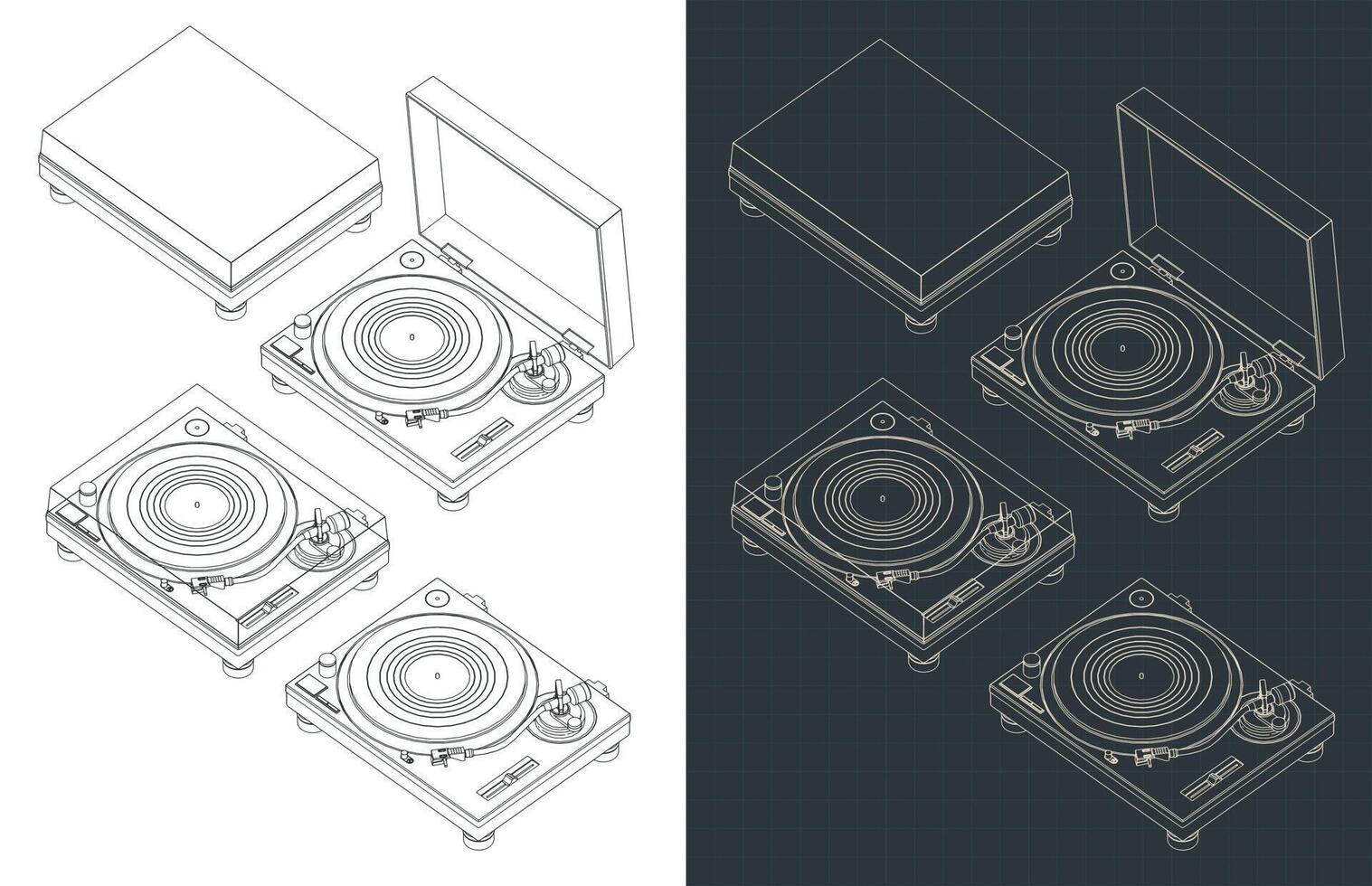 Turntable vinyl isometric blueprints vector