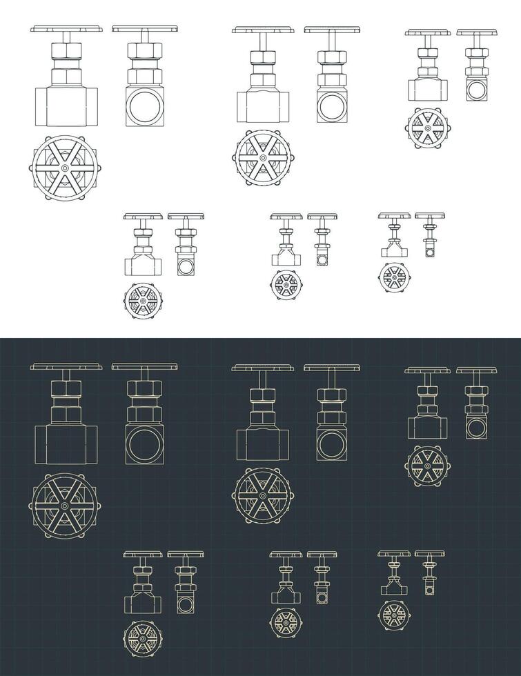 Needle valves blueprints set vector