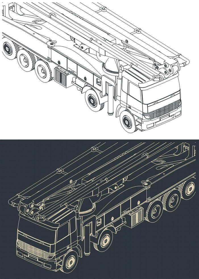 Concrete pump truck isometric blueprints vector