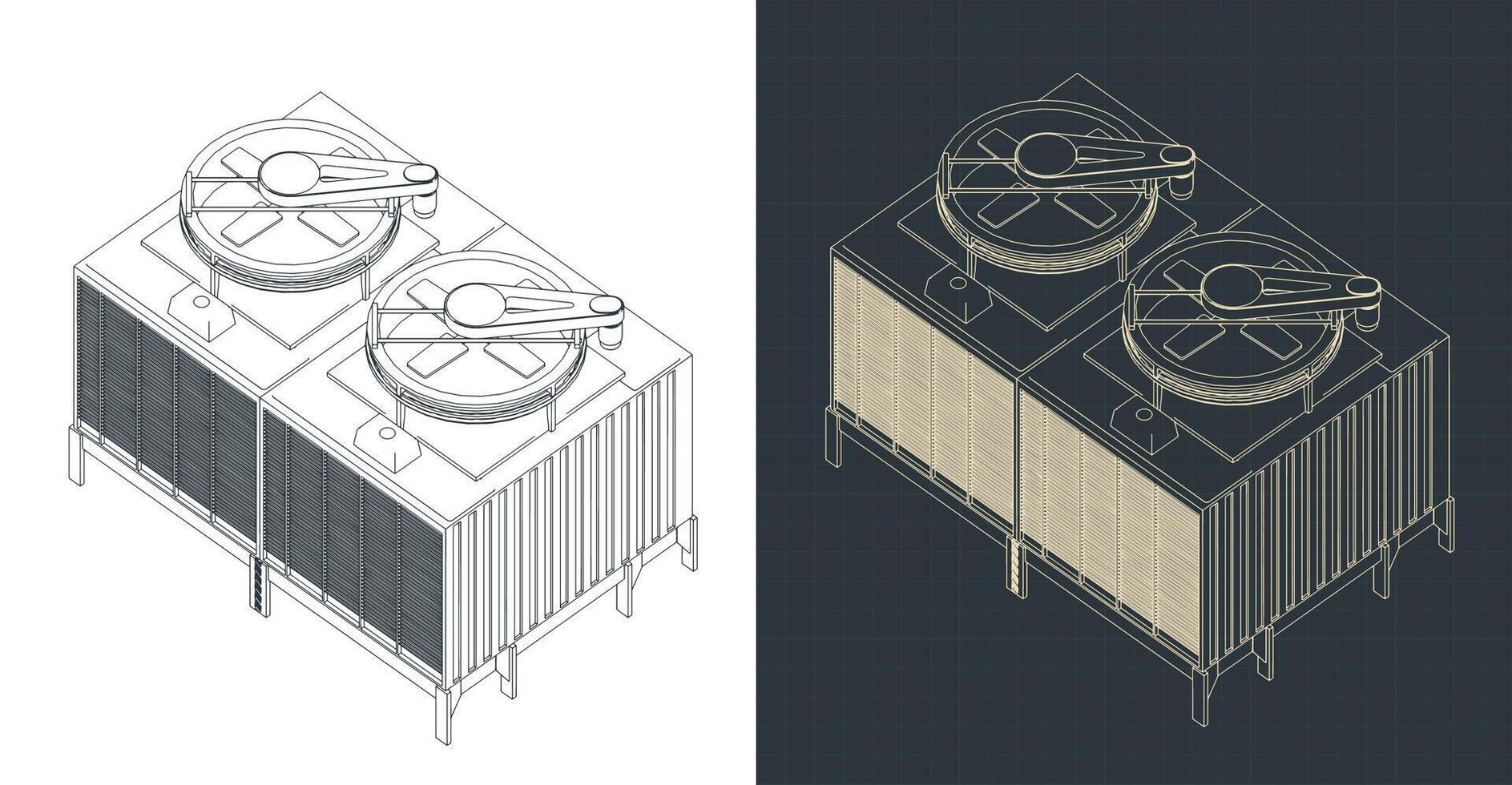 Cooling tower isometric blueprints vector